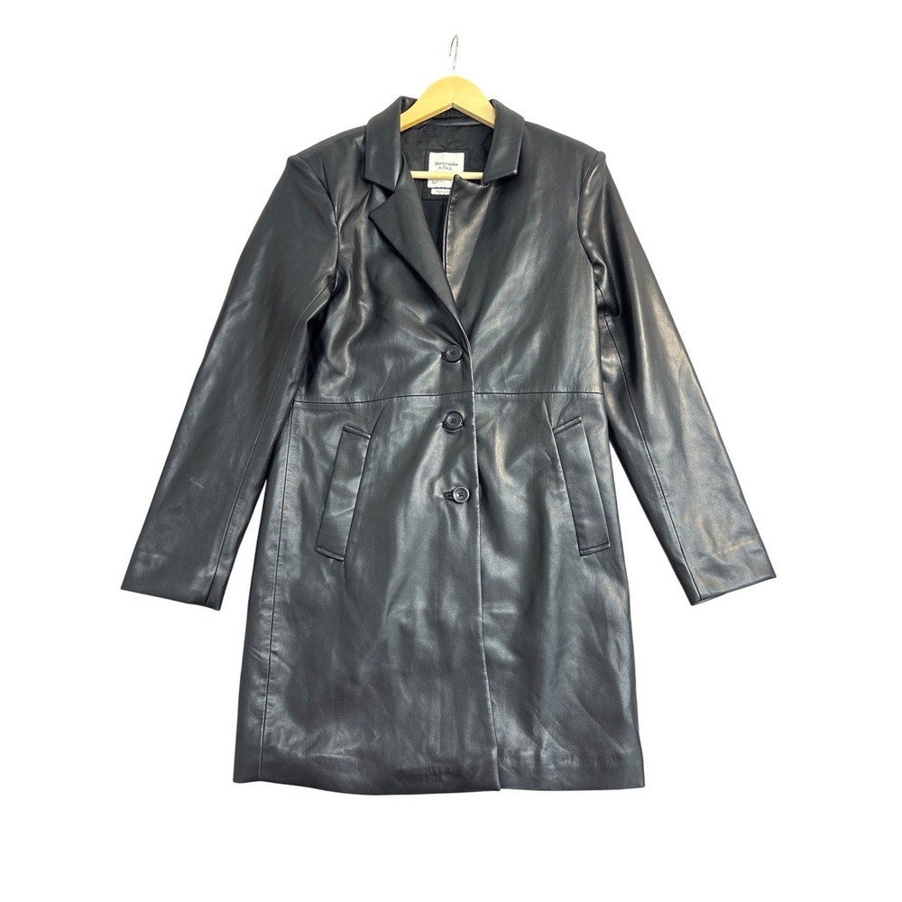 Abercrombie & Fitch Vegan Leather Trench Coat Black Button Front Jacket Small